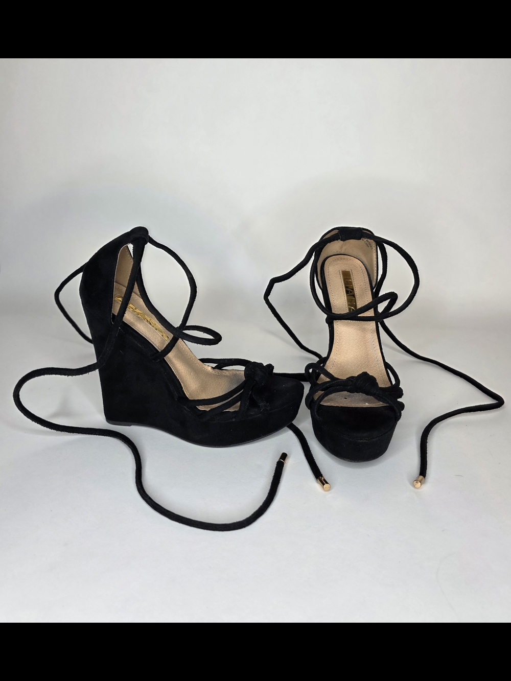 Liliana Black Suede Lace-Up Wedge Sandals - Women
